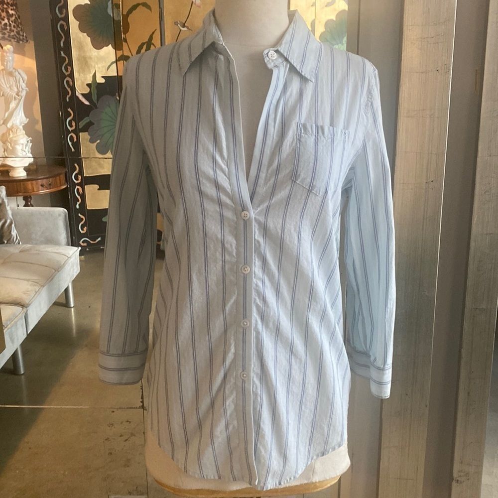 Elizabeth and James Light Blue and White Striped Button-Up Blouse